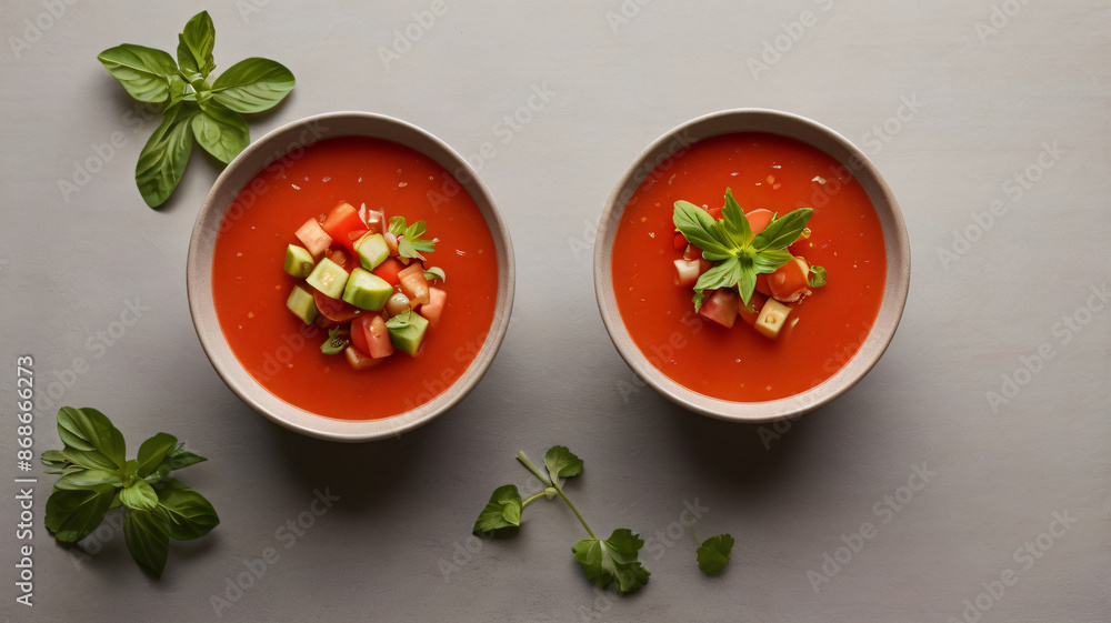 Bowl with tasty gazpacho and tomatoes on a table served Bowl with tasty gazpacho and tomatoes on a table served