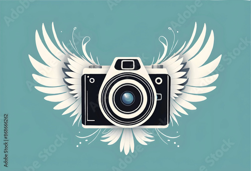 a vector illustration of a camera with wings on blue background