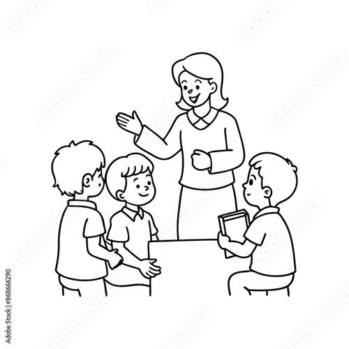 Teacher telling a story to kids in the classroom line art vector