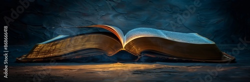An open Bible with light shining from its pages on a black background, symbolizing the world's knowledge and inspiration. Glowing lights in a bright tone with high resolution