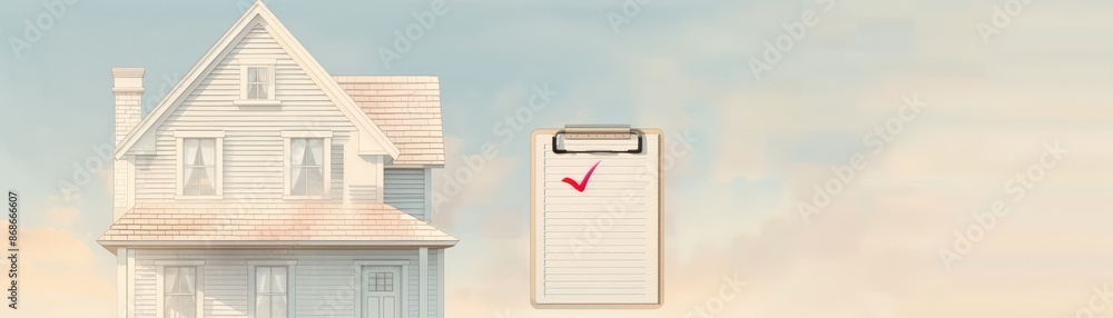 A house with a checklist, symbolizing homeownership and completion. A house with a checklist, symbolizing homeownership and completion.