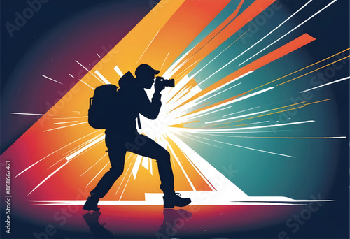 a vector illustration silhouete of photographer with a camera and taking a picture