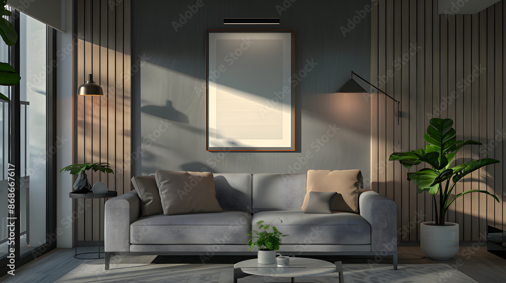 Modern interior design living room, dining room with empty poster mockup on the wall Modern interior design living room, dining room with empty poster mockup on the wall