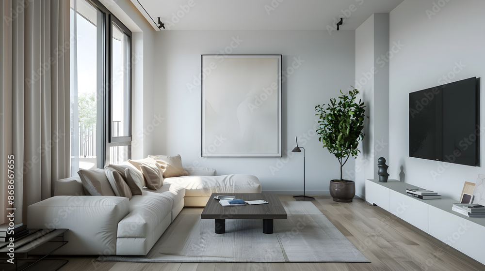 Modern interior design living room, dining room with empty poster mockup on the wall Modern interior design living room, dining room with empty poster mockup on the wall