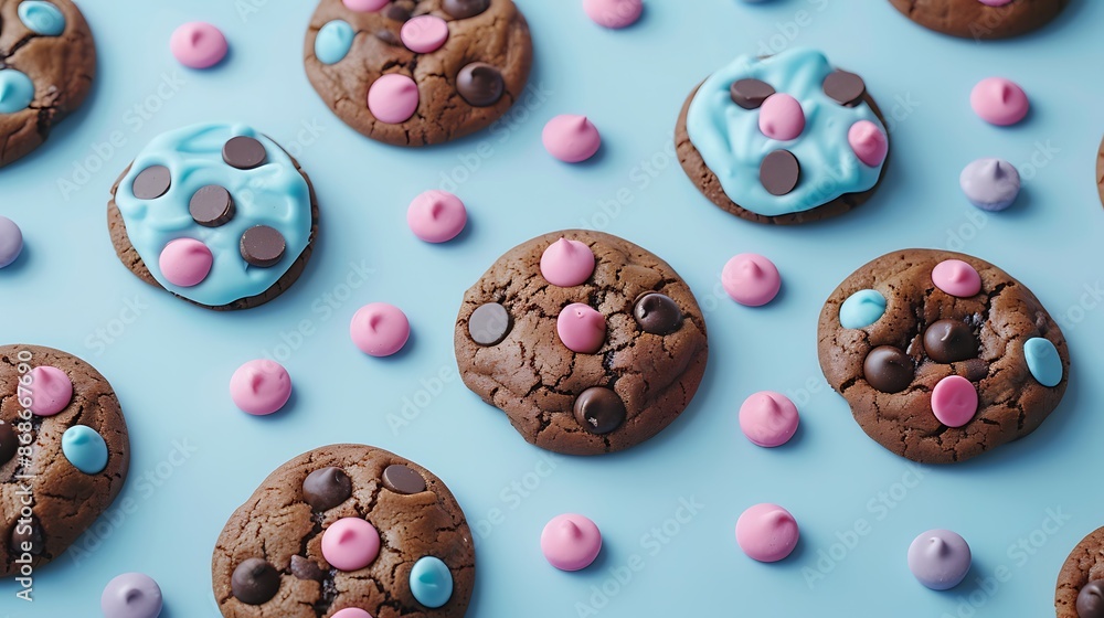 Chocolate chip with pink and blue cookies in a aqua background very detailed and realistic shape Chocolate chip with pink and blue cookies in a aqua background very detailed and realistic shape