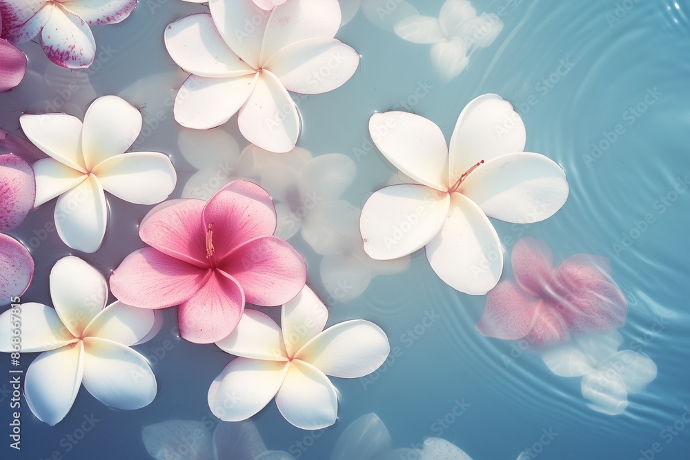White and pink plumeria flowers float on the water White and pink plumeria flowers float on the water