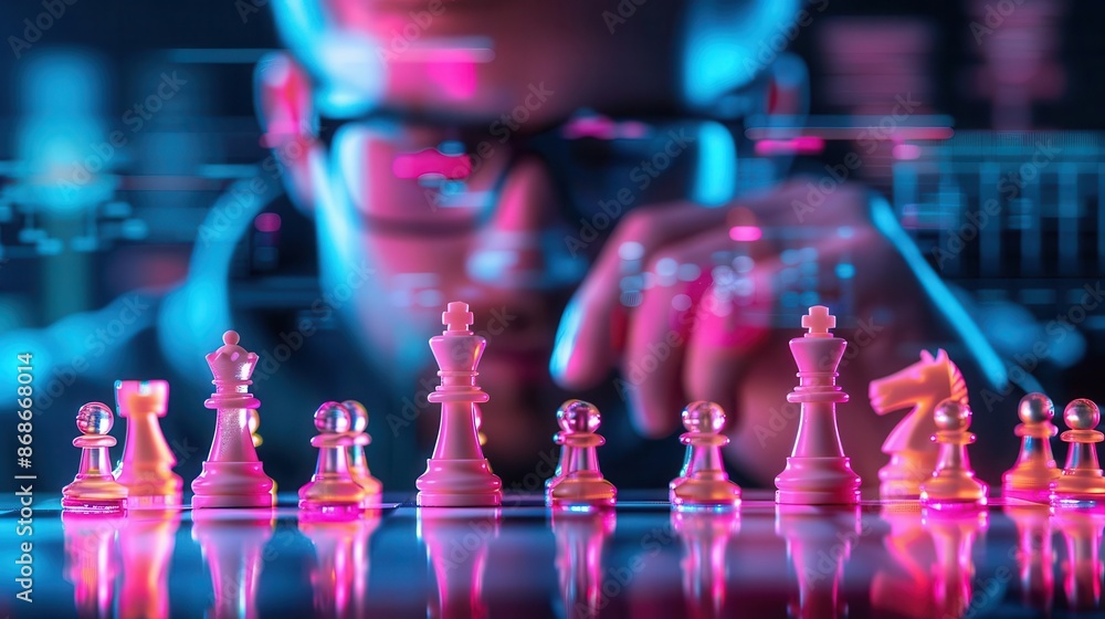 Close-up of a person playing chess under colorful neon lights. Close-up of a person playing chess under colorful neon lights.