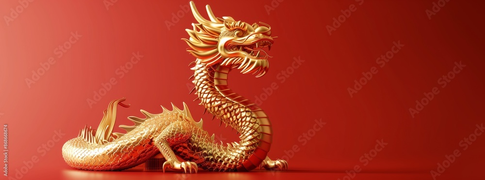 Fototapeta premium Golden Chinese dragon on red background, copy space concept, 3D rendering