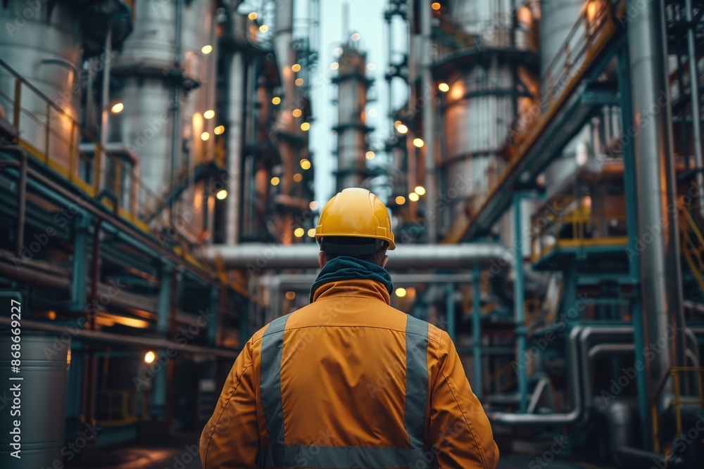 A lone worker in safety gear stands in a large industrial complex, surrounded by towering structures and intricate piping. A lone worker in safety gear stands in a large industrial complex, surrounded by towering structures and intricate piping.