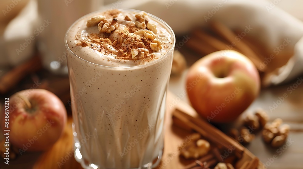 Closeup of an apple pie smoothie with cinnamon and walnuts in a glass very detailed and realistic shape Closeup of an apple pie smoothie with cinnamon and walnuts in a glass very detailed and realistic shape
