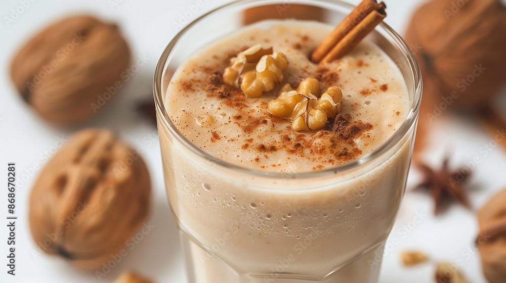 Closeup of an apple pie smoothie with cinnamon and walnuts in a glass very detailed and realistic shape Closeup of an apple pie smoothie with cinnamon and walnuts in a glass very detailed and realistic shape