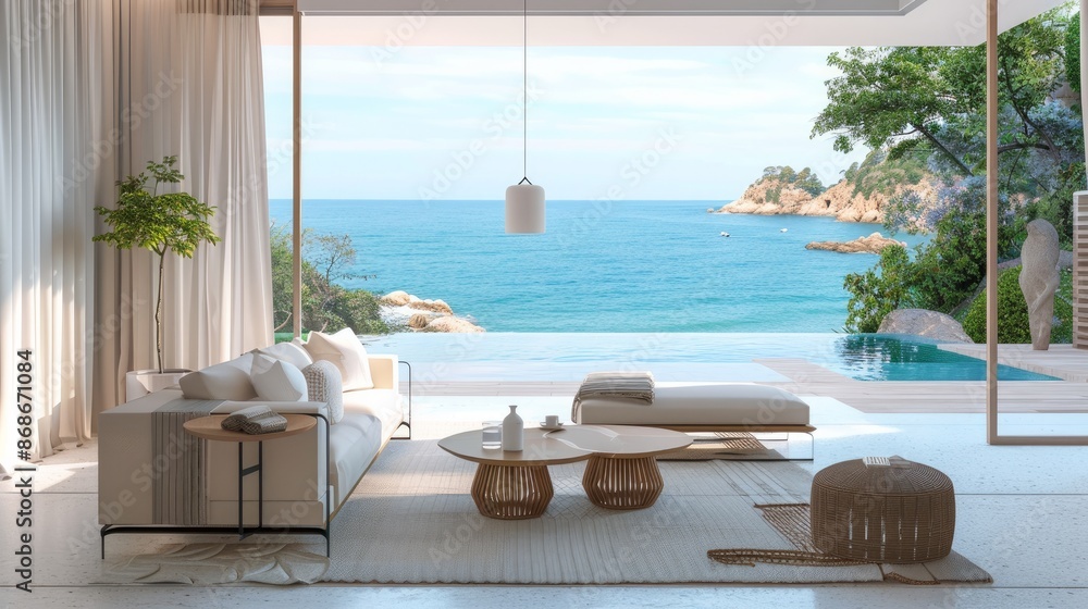 Obraz premium Interior of a luxury beach house with sofa, armchair, stool, and side table.