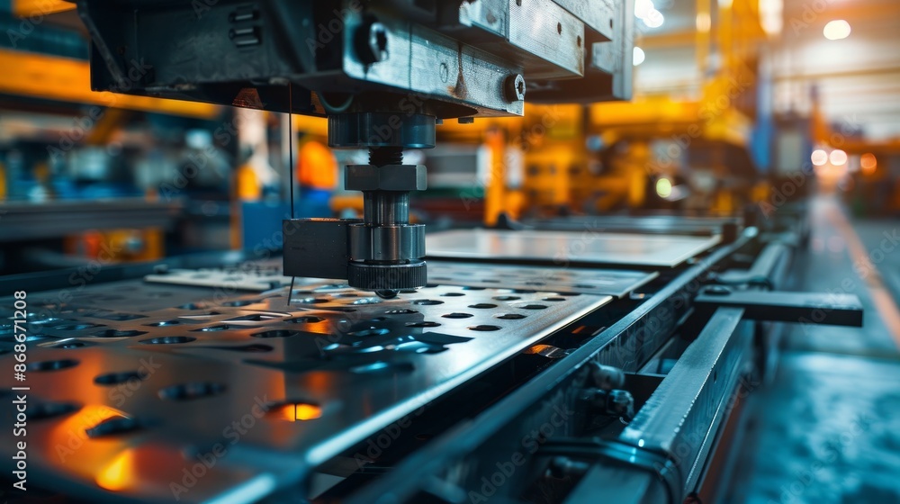 Machine forming metal sheets in a modern metalwork factory.
Machine forming metal sheets in a modern metalwork factory.