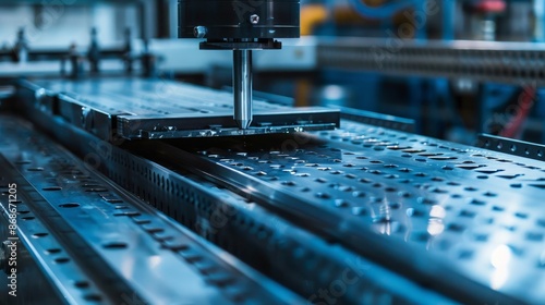 Machine forming metal sheets in a modern metalwork factory.