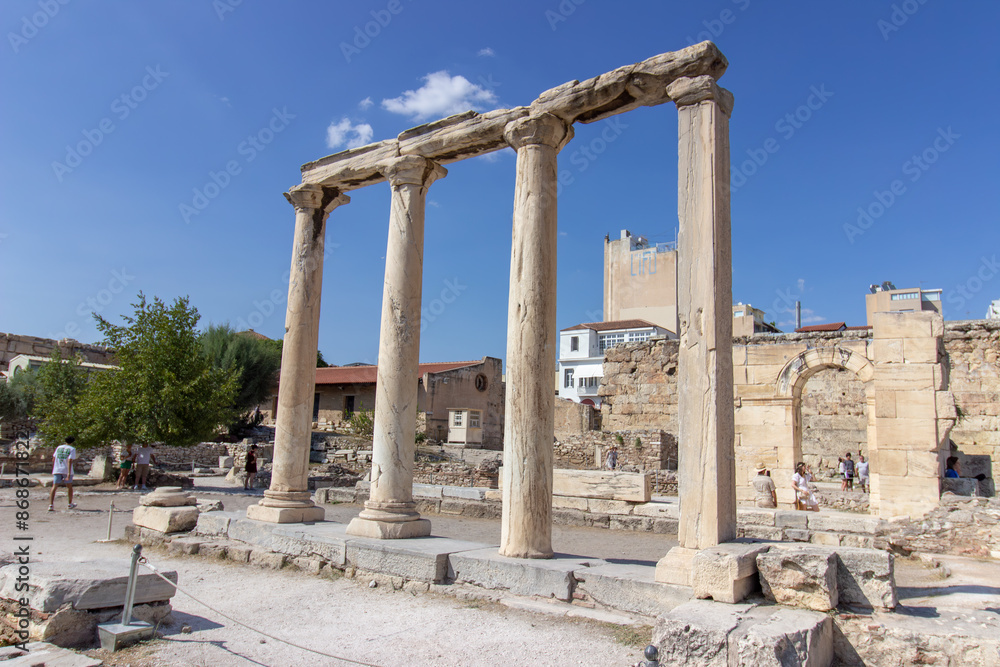 Hadrian Library ruins on the north side of the Acropolis in Athens, Greece. Ancient Roman Emporer Hadrian Library. Hadrian Library ruins on the north side of the Acropolis in Athens, Greece. Ancient Roman Emporer Hadrian Library.
