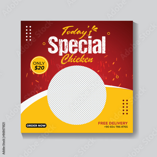Healthy and special food Restaurant social media post design template. Food burger and delicious French fries social media marketing banner post.