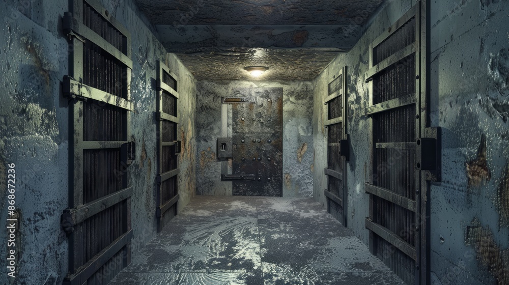 3D illustration of a secret underground bunker room with steel-doored cells.
3D illustration of a secret underground bunker room with steel-doored cells.