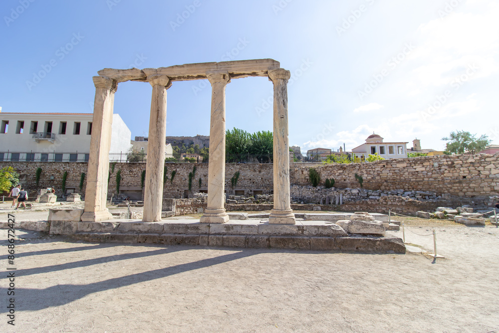 Hadrian Library ruins on the north side of the Acropolis in Athens, Greece. Ancient Roman Emporer Hadrian Library. Hadrian Library ruins on the north side of the Acropolis in Athens, Greece. Ancient Roman Emporer Hadrian Library.
