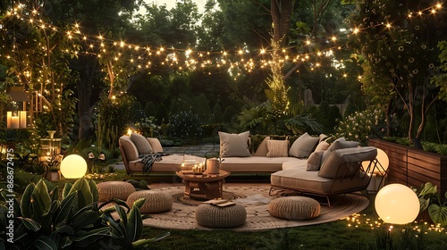 Cozy backyard morning set up with luxury furniture and decorative lights near garden very detailed and realistic shape