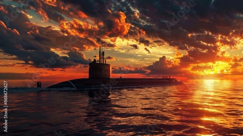 Diesel-electric submarine silhouetted against a sunset.   © Chingiz