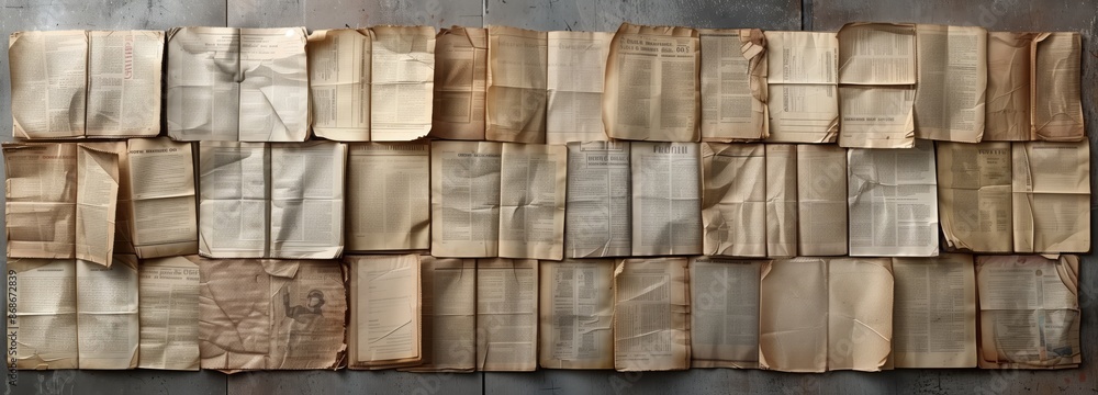 Fototapeta premium Vintage newspaper texture background with space for text, retro and aged design. Collage pattern of vintage newspapers