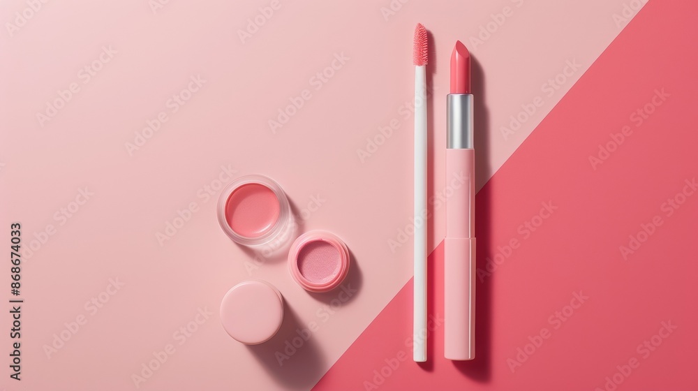Pink Lipstick, Lip Gloss, and Applicator on Pink and Red Background Pink Lipstick, Lip Gloss, and Applicator on Pink and Red Background