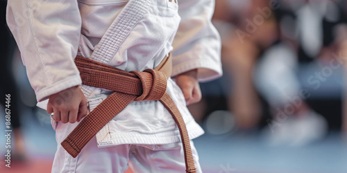 Close-up of a brown judo belt over a white kimono on a young man