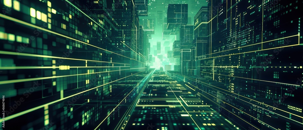 Futuristic green digital city with glowing lines and abstract architecture. This artwork features a high-tech cityscape with a network of interconnected structures and pathways. Futuristic green digital city with glowing lines and abstract architecture. This artwork features a high-tech cityscape with a network of interconnected structures and pathways.