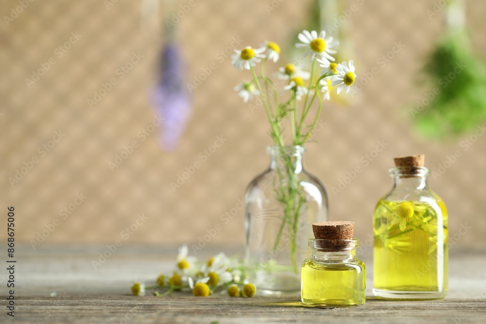 Beautiful chamomile flowers and bottles of essential oils on wooden table. Space for text Beautiful chamomile flowers and bottles of essential oils on wooden table. Space for text