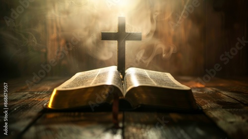 Wooden cross on a bible with smoke coming out of it.