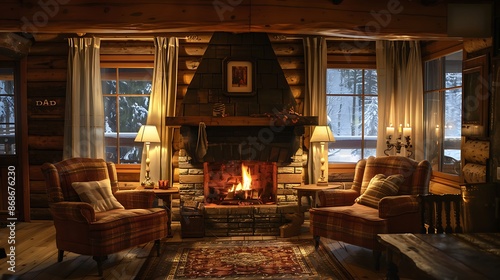 A rustic log cabin interior with a crackling fireplace, warm light casting shadows on wooden walls and plush armchairs. © Muhammad