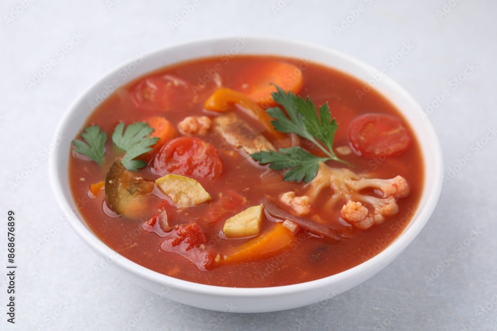 Delicious homemade stew in bowl on light table, closeup Delicious homemade stew in bowl on light table, closeup