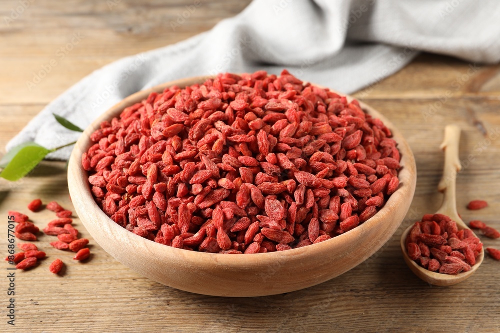 Dried goji berries in bowl and spoon on wooden table, closeup Dried goji berries in bowl and spoon on wooden table, closeup