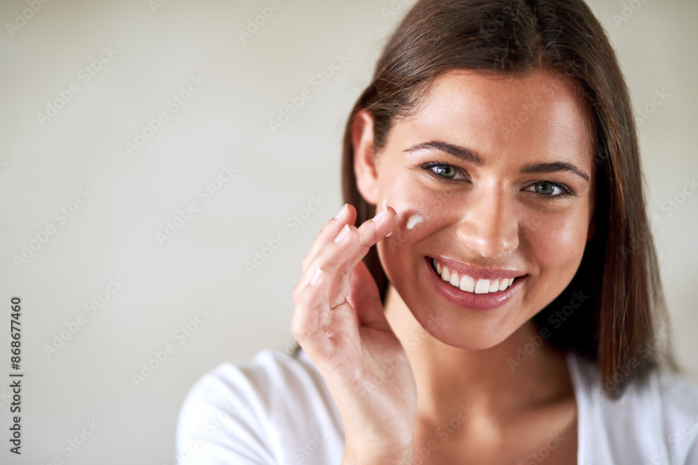 Portrait, woman and sunscreen in home for skincare, dermatology and happy for morning routine. Female person, cream and smile for cosmetics in apartment with glow, shine and moisturizer for facial Portrait, woman and sunscreen in home for skincare, dermatology and happy for morning routine. Female person, cream and smile for cosmetics in apartment with glow, shine and moisturizer for facial