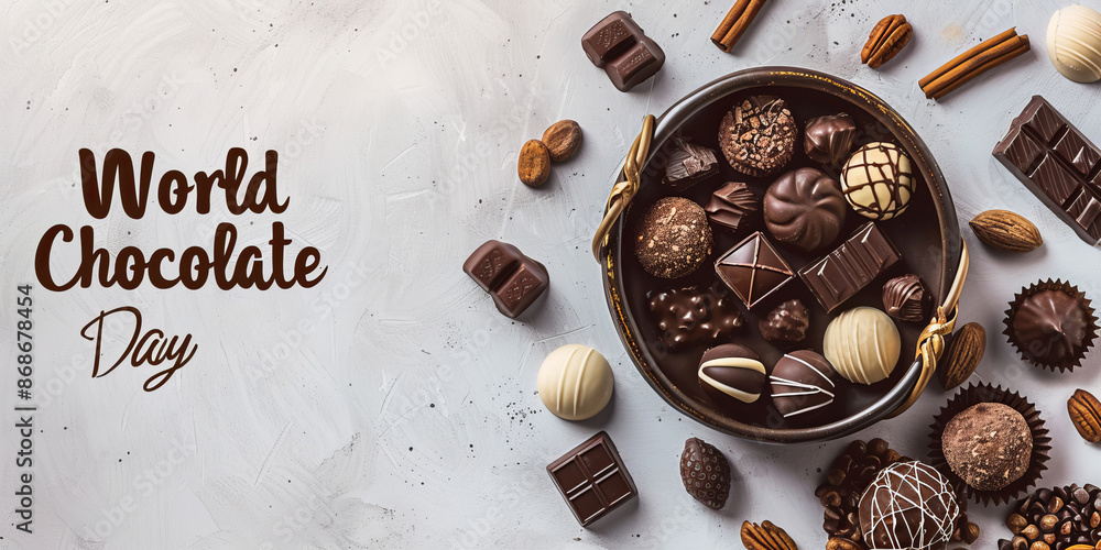 Variety of chocolates arranged on a grey surface. Banner with text World chocolate day Variety of chocolates arranged on a grey surface. Banner with text World chocolate day