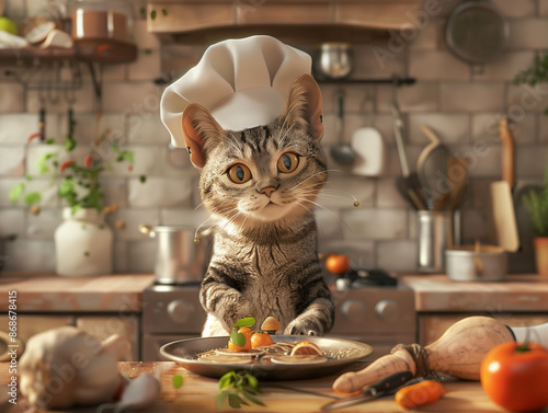 A cat chef cooks in an old-fashioned kitchen