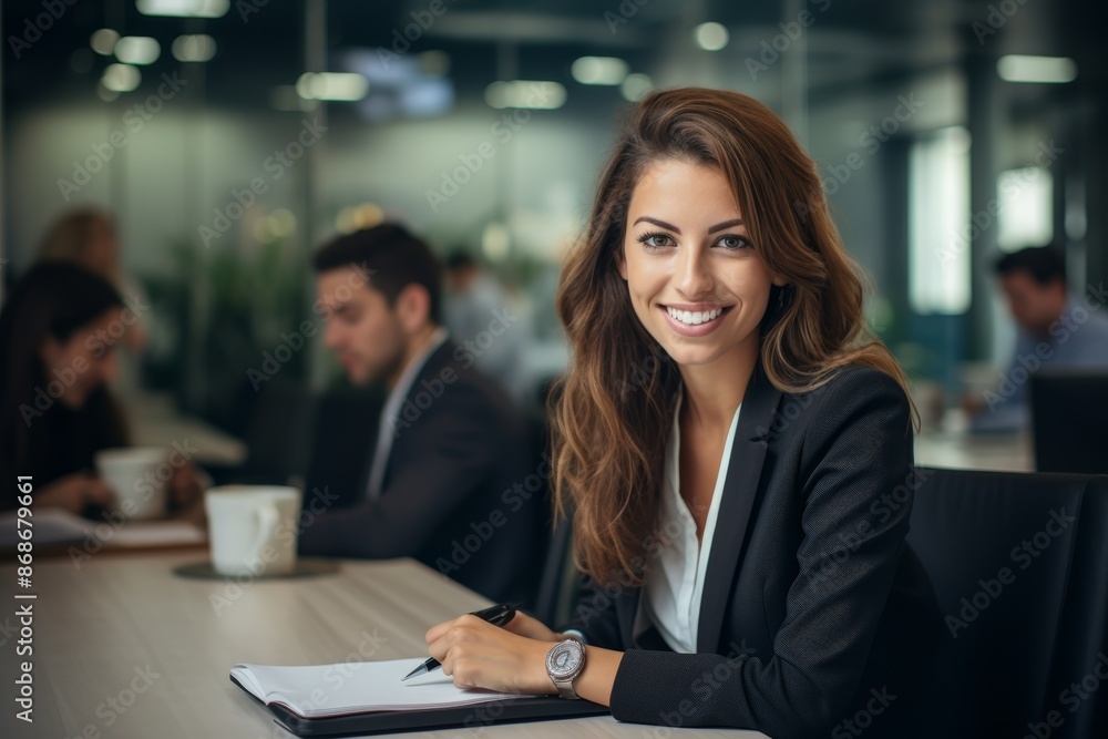 A woman is sitting with a group in a conference room A woman is sitting with a group in a conference room