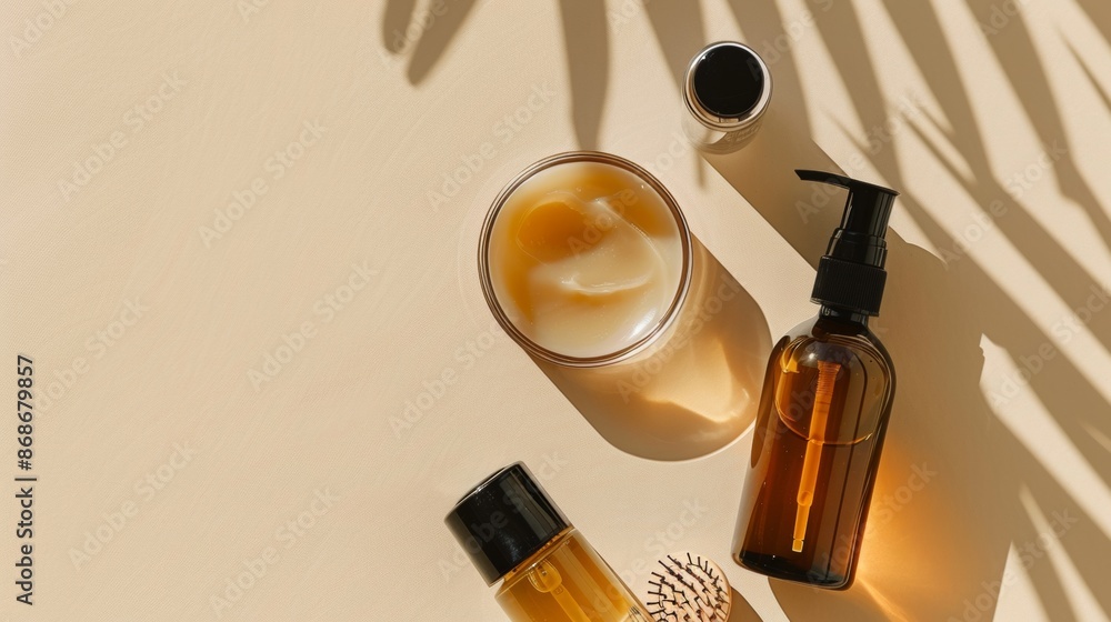 Golden Skincare Products On Beige Background With Palm Tree Shadows Golden Skincare Products On Beige Background With Palm Tree Shadows