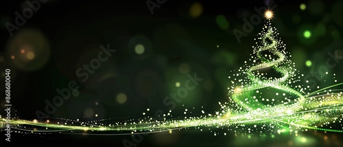 Gold and green lights and particles in motion building a double helix christmas tree. Glitter, bright glowing shining magical twisted ladder ending in a beautiful holiday tree