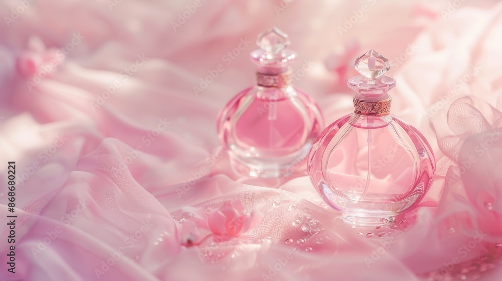 Two elegant perfume bottles gracefully displayed on delicate silk, softly lit, creating a dreamy ambiance Two elegant perfume bottles gracefully displayed on delicate silk, softly lit, creating a dreamy ambiance