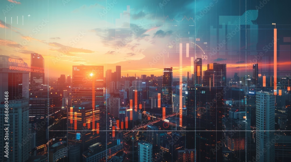 Cityscape with sunset and financial graphs overlay. Dynamic business chart reflects retail earnings, Generative Ai. Cityscape with sunset and financial graphs overlay. Dynamic business chart reflects retail earnings, Generative Ai.