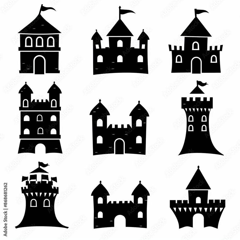 Obraz premium Castle icon, fairy tale forts, old towers, medieval castles, kingdom symbol, king home, fairytale fortress