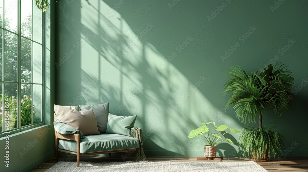 A beautifully designed living room with a green color palette, showcasing a minimalist aesthetic. The photo includes generous copy space, making it ideal for adding text or graphics. A beautifully designed living room with a green color palette, showcasing a minimalist aesthetic. The photo includes generous copy space, making it ideal for adding text or graphics.