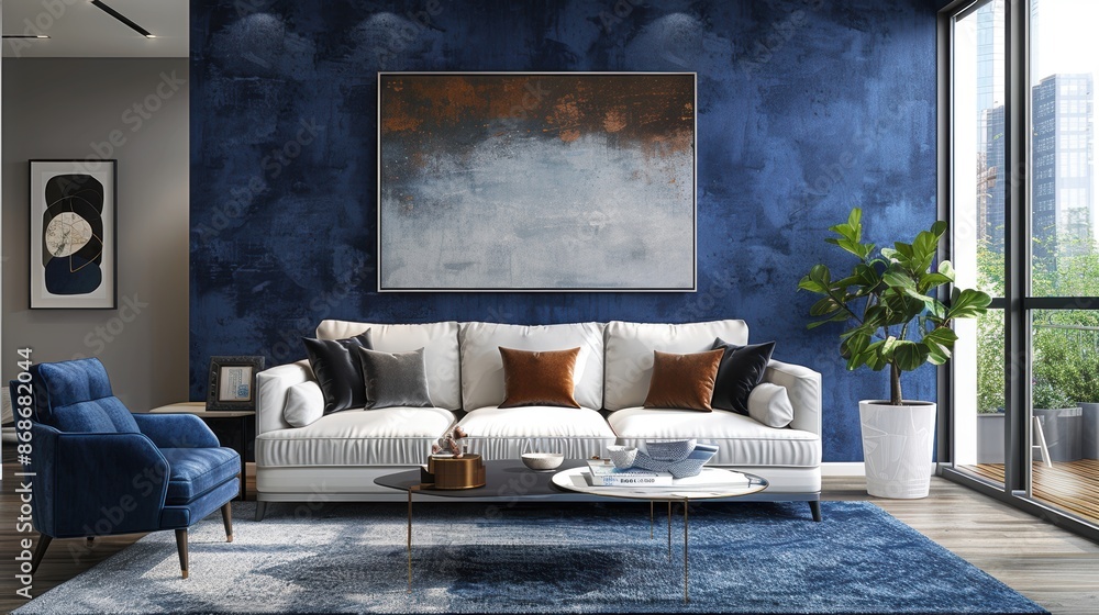 Fototapeta premium An elegant living room design in indigo hues, featuring clean lines and a clutter-free space, ideal for projects requiring a sophisticated and modern look.