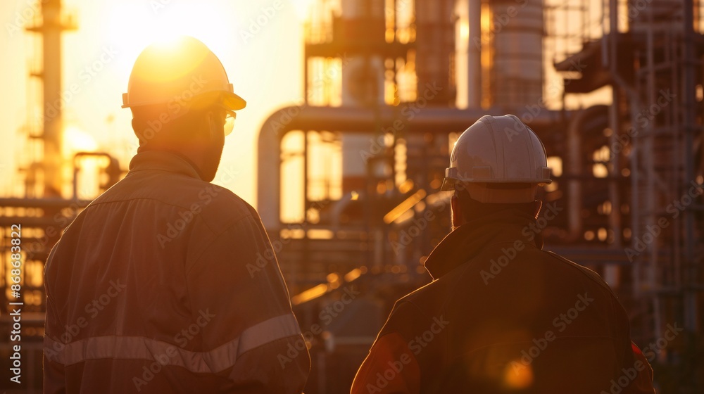 Industrial Engineers Overseeing Refinery Operations at Sunset, Showcasing Energy Sector Teamwork and Infrastructure, Generative AI Industrial Engineers Overseeing Refinery Operations at Sunset, Showcasing Energy Sector Teamwork and Infrastructure, Generative AI