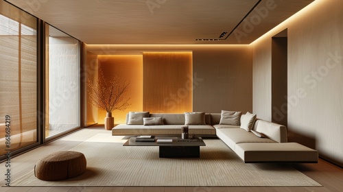 A sophisticated living room featuring a rich tan color palette, with minimalist furnishings and a clean, uncluttered layout. The image provides ample space for adding text or graphics.