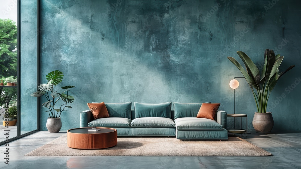 A minimalist living room with a calming teal color scheme, featuring sleek, modern furniture and plenty of open space. The design emphasizes simplicity and elegance, with ample copy space for A minimalist living room with a calming teal color scheme, featuring sleek, modern furniture and plenty of open space. The design emphasizes simplicity and elegance, with ample copy space for