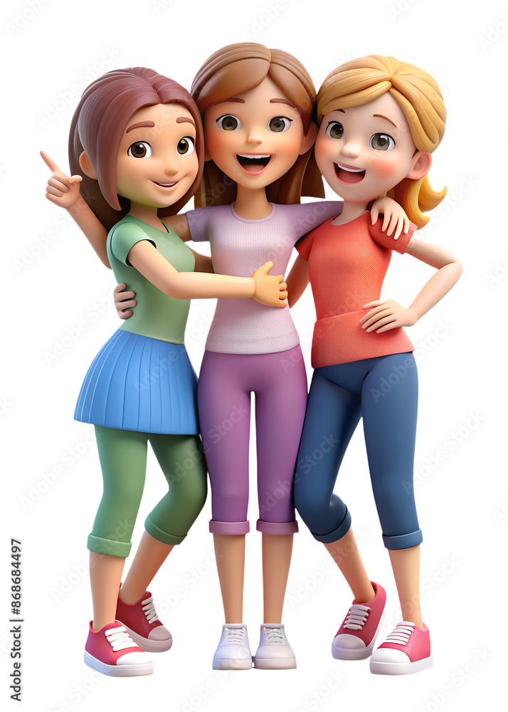 Fototapeta premium Three cartoon girls, one with brown hair, one with blonde hair, and one with red hair, are standing together and smiling. They are wearing casual clothing and are in a friendly pose