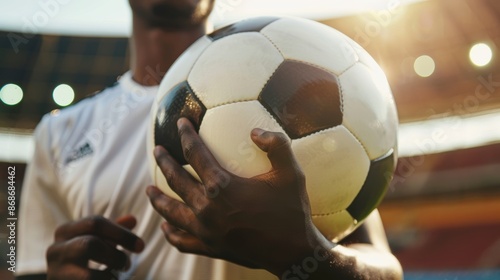 Afro-American male at the stadium, gripping a soccer ball