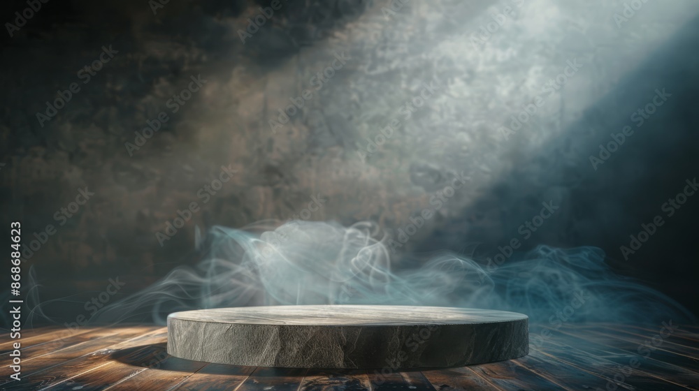A mystical stone podium in dramatic light against a dark, smoky background, creating a mysterious scene A mystical stone podium in dramatic light against a dark, smoky background, creating a mysterious scene